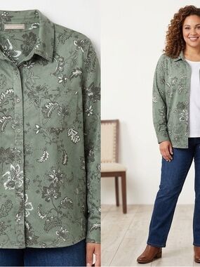 Woman Within Sage Green Floral Button-Front Shirt